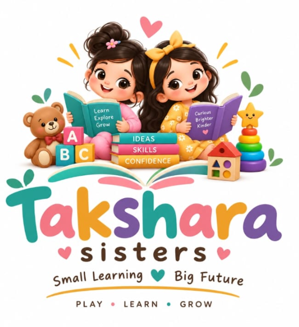 Takshara Sisters logo – two girls reading books beside toys